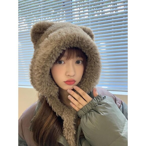 Women Sepia Winter Beanie Hats Knit Ear Flaps Cute Stuffed Bear Ears Fleece main image 5